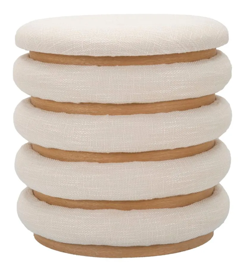 Cream Round Padded & Wooden Pouffe