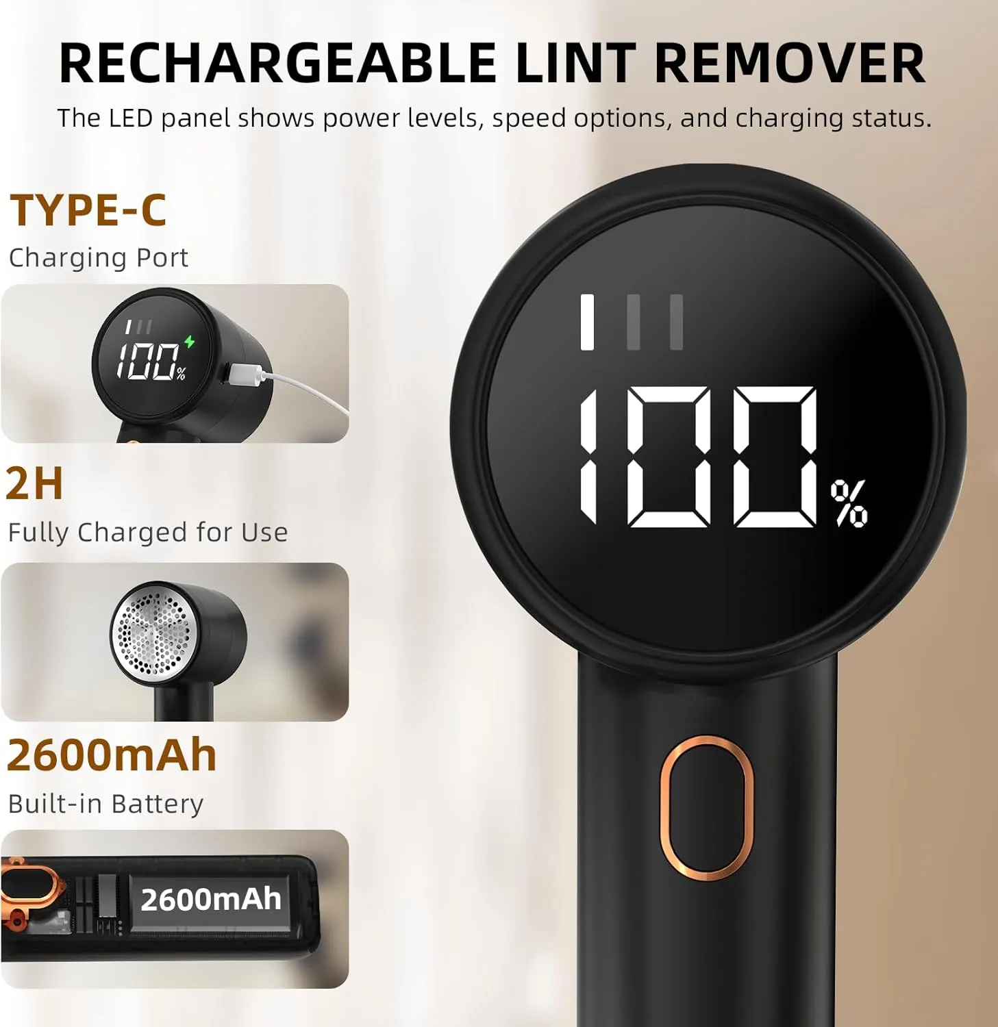Fabric Shaver, Lint Remover Rechargeable, Electric Portable Sweater Defuzzer with 3 Speeds, 6 Leaf Blades, Digital LED Display to Remove Pilling for Clothes, Furniture, Sweater, Couch, Blanket