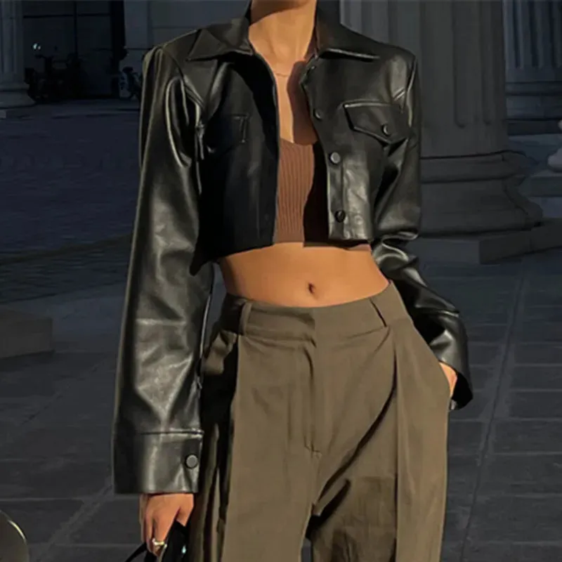 Faux Leather Short Jacket Turn-down Collar Fashion Button Decoration*