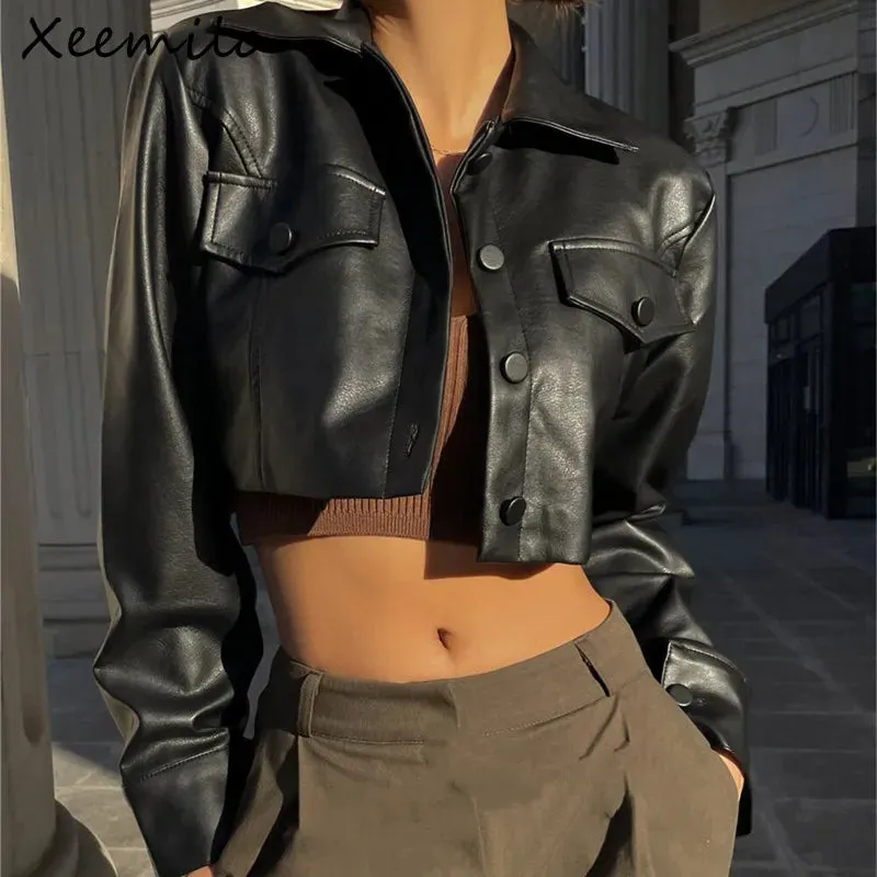 Faux Leather Short Jacket Turn-down Collar Fashion Button Decoration*
