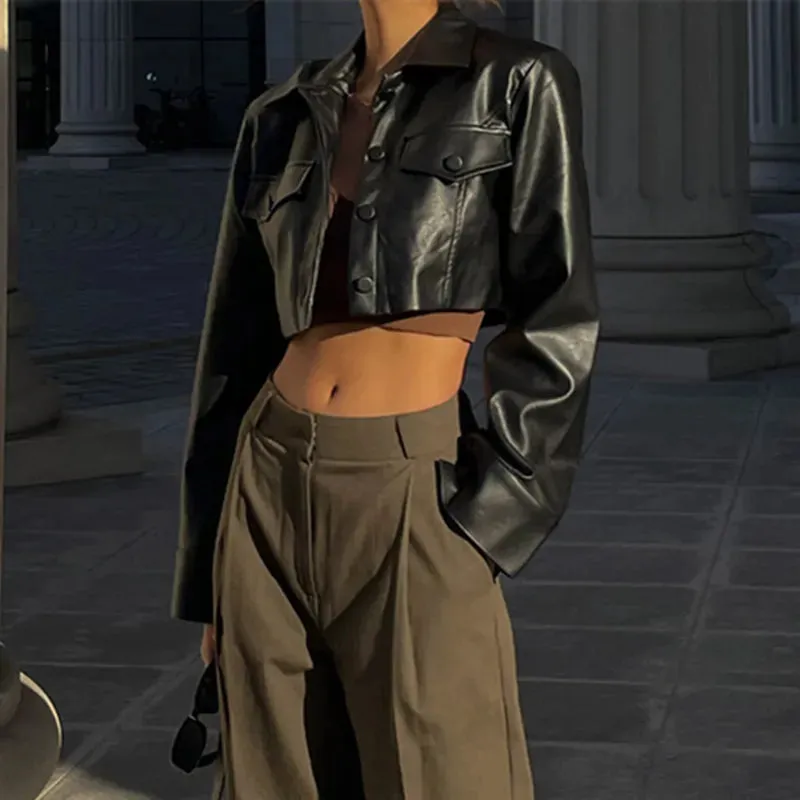 Faux Leather Short Jacket Turn-down Collar Fashion Button Decoration*