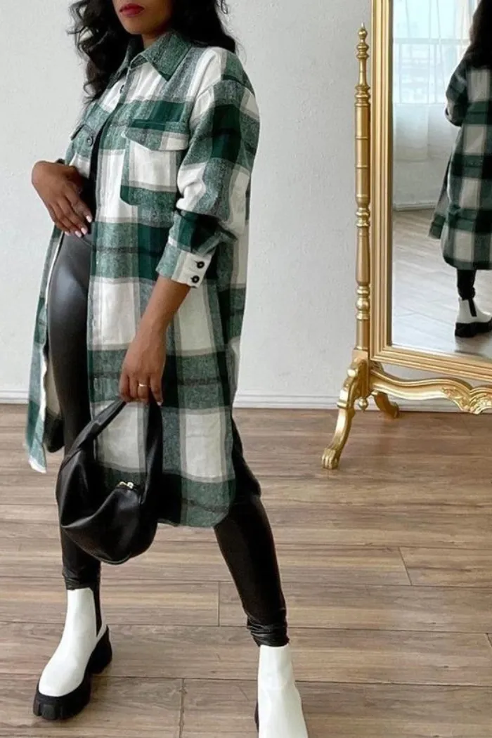 Flannel Pocket Plaid Long Shirt Jacket