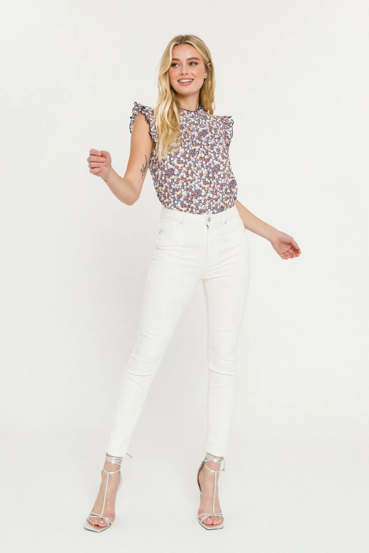 Floral Contrast Stitch Top