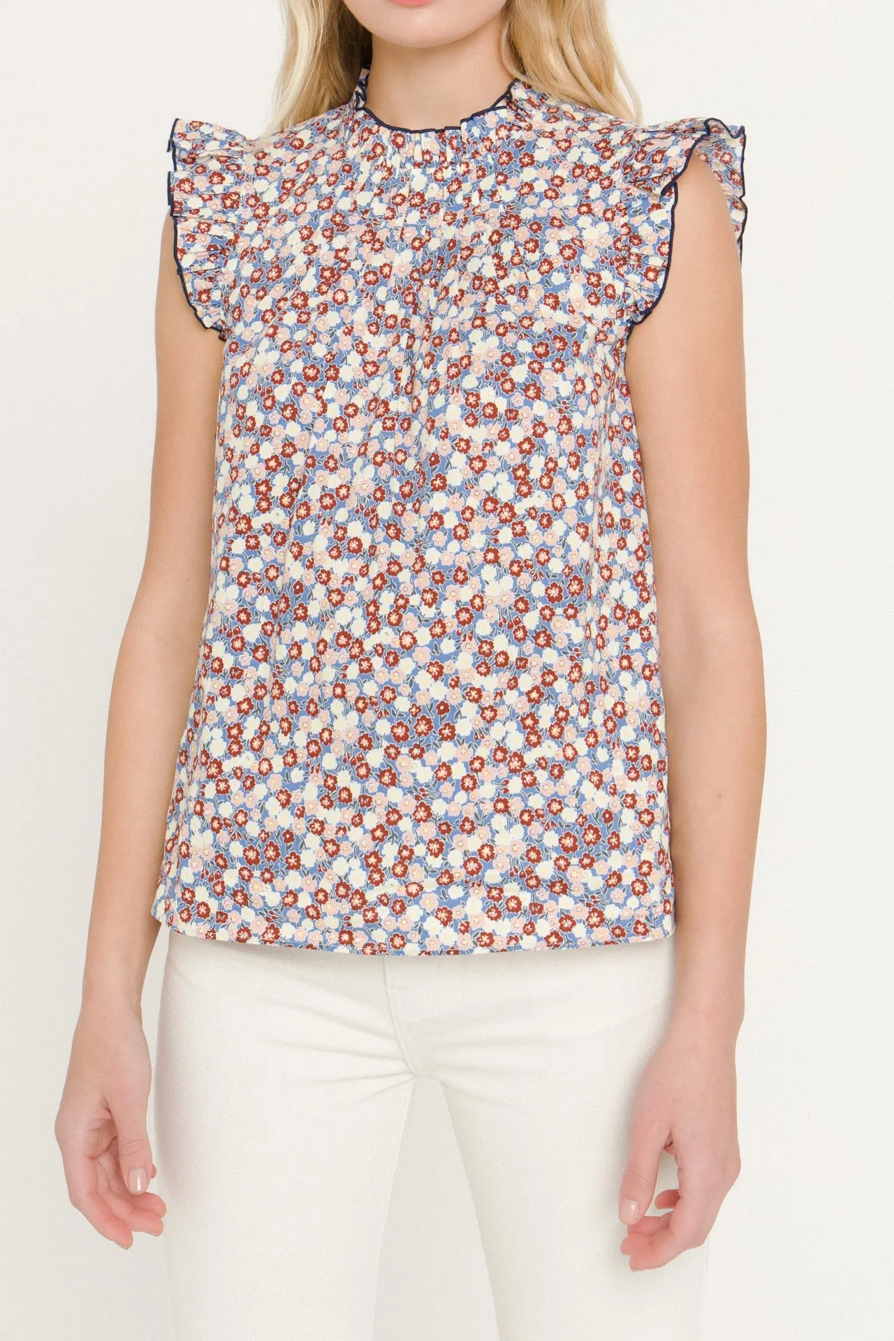 Floral Contrast Stitch Top