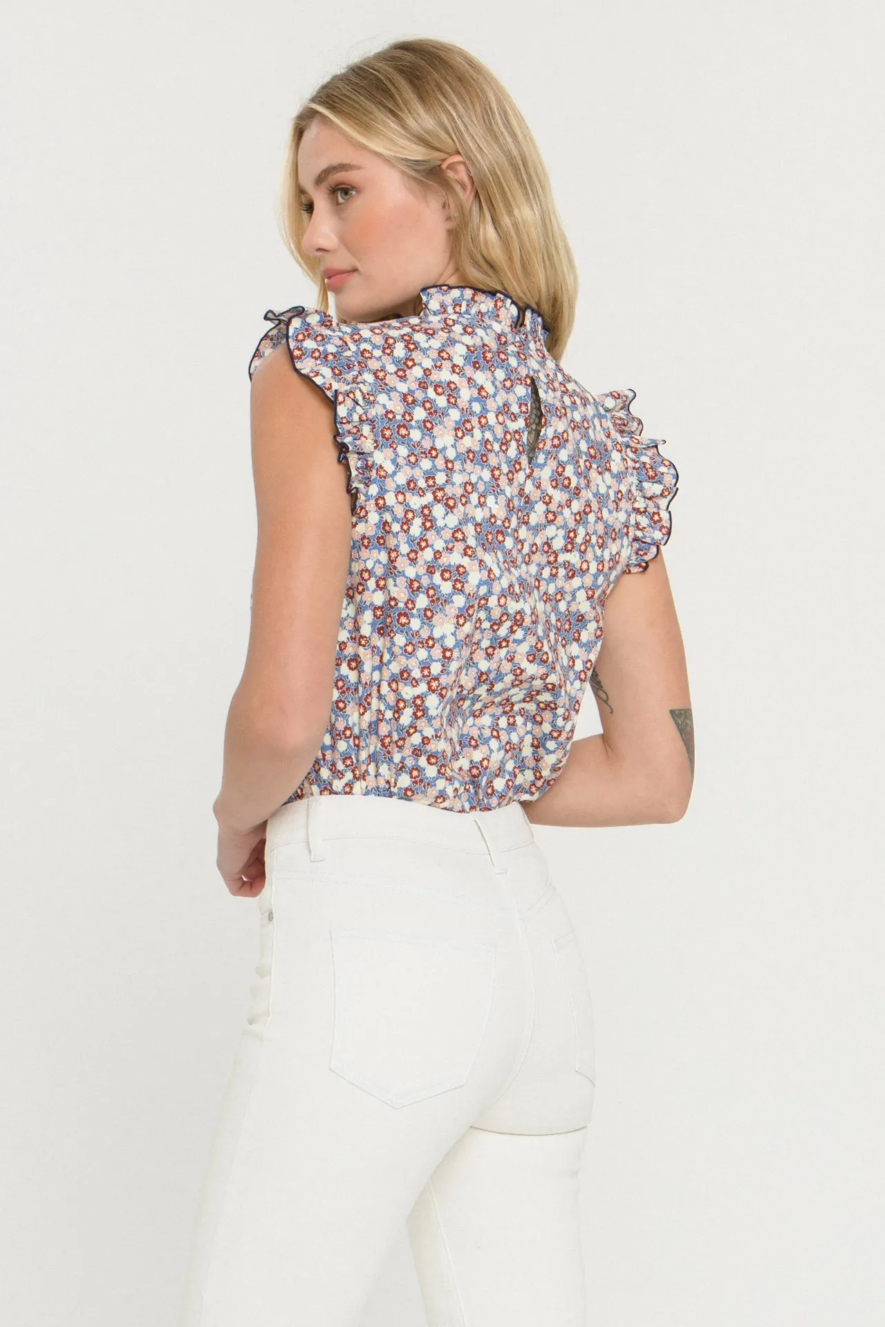 Floral Contrast Stitch Top