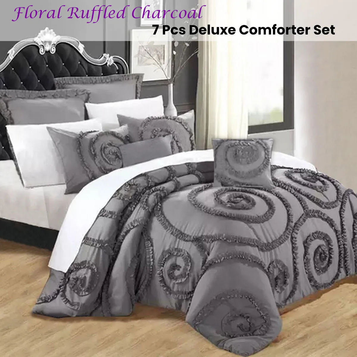 Floral Ruffled Charcoal 7 Pcs Deluxe Comforter Set Queen