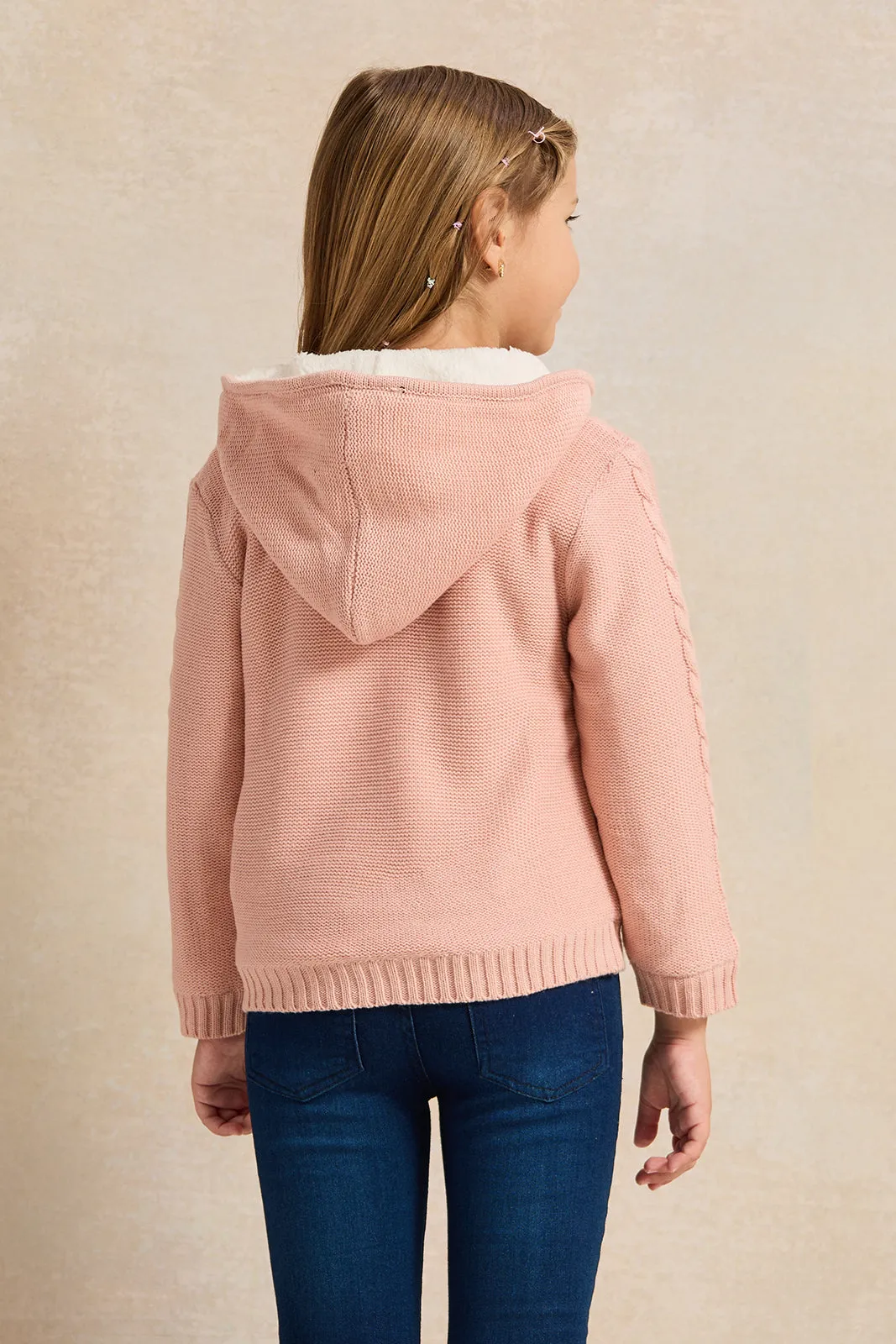 Girls Pink Zip Thru Hooded Cardigan