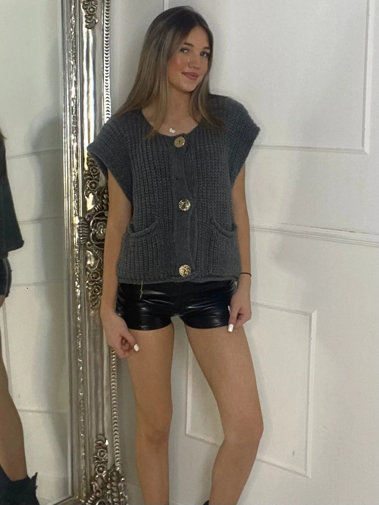Gold Button Short Sleeve Cardigan - Grey