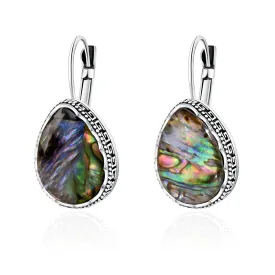 Handmade Teardrop Abalone Shell Earrings, Vintage Boho Style, Colorful Dangle Earrings with Silver Leverback