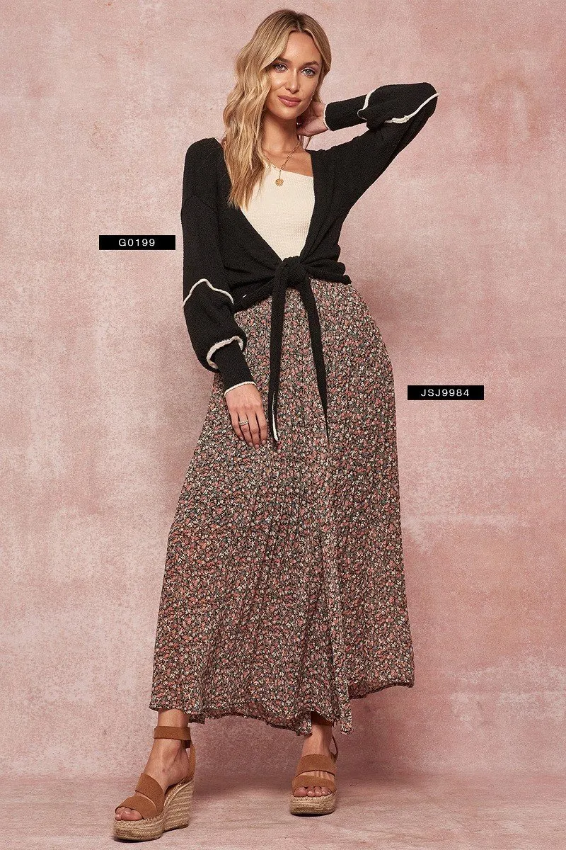 Hot Girl Contrast Seam Textured Tied Cardigan Sweater In Black