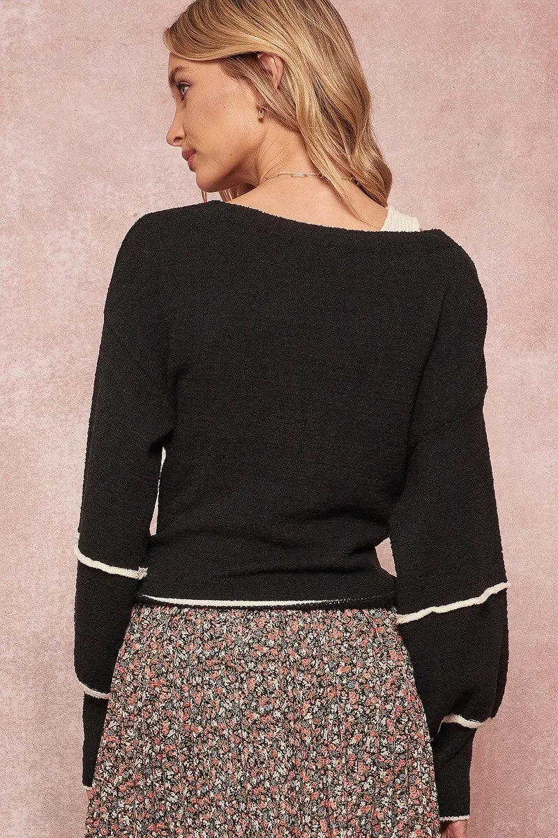Hot Girl Contrast Seam Textured Tied Cardigan Sweater In Black