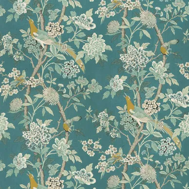 Hydrangea Bird Teal Fabric
