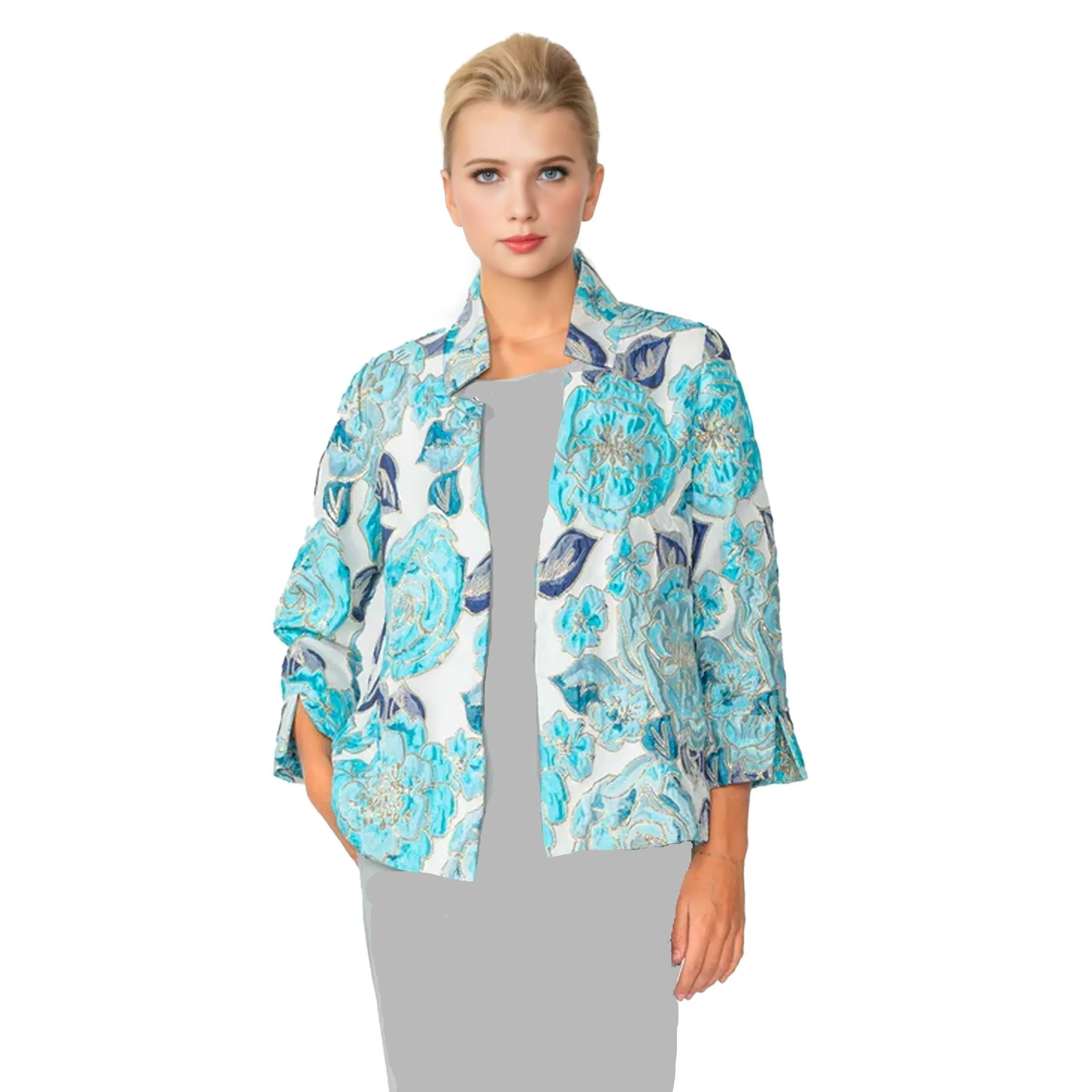 IC Collection Floral Jacquard Open Front Jacket in Blue - 6099J-BLU