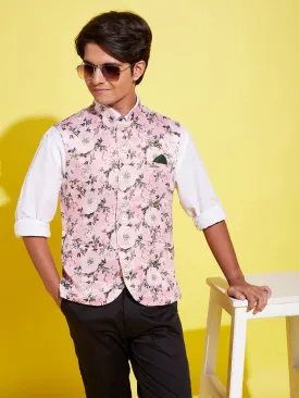 Jashvi Boys Multicolor-Base-Pink Floral Printed Nehru Jacket