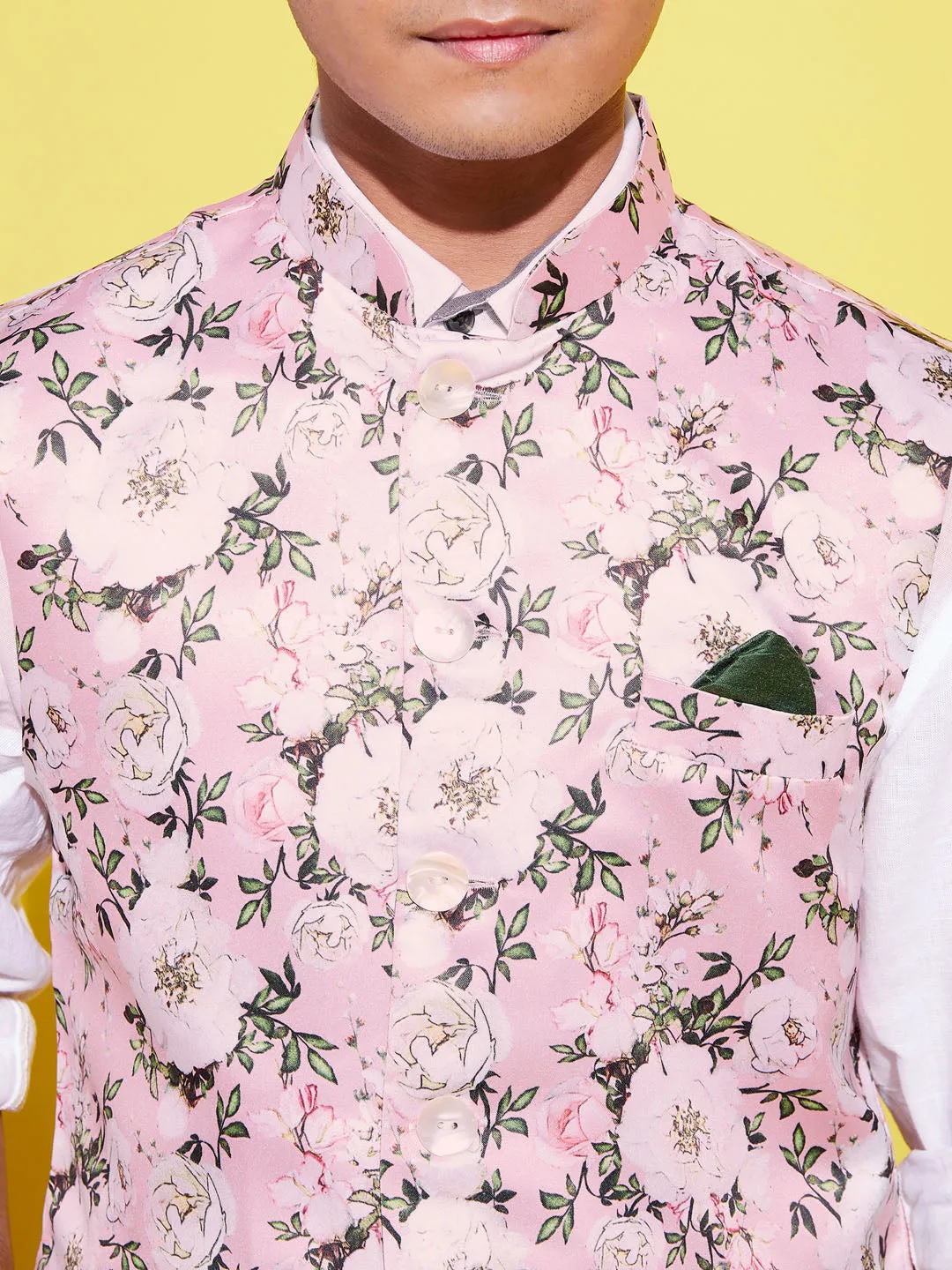 Jashvi Boys Multicolor-Base-Pink Floral Printed Nehru Jacket