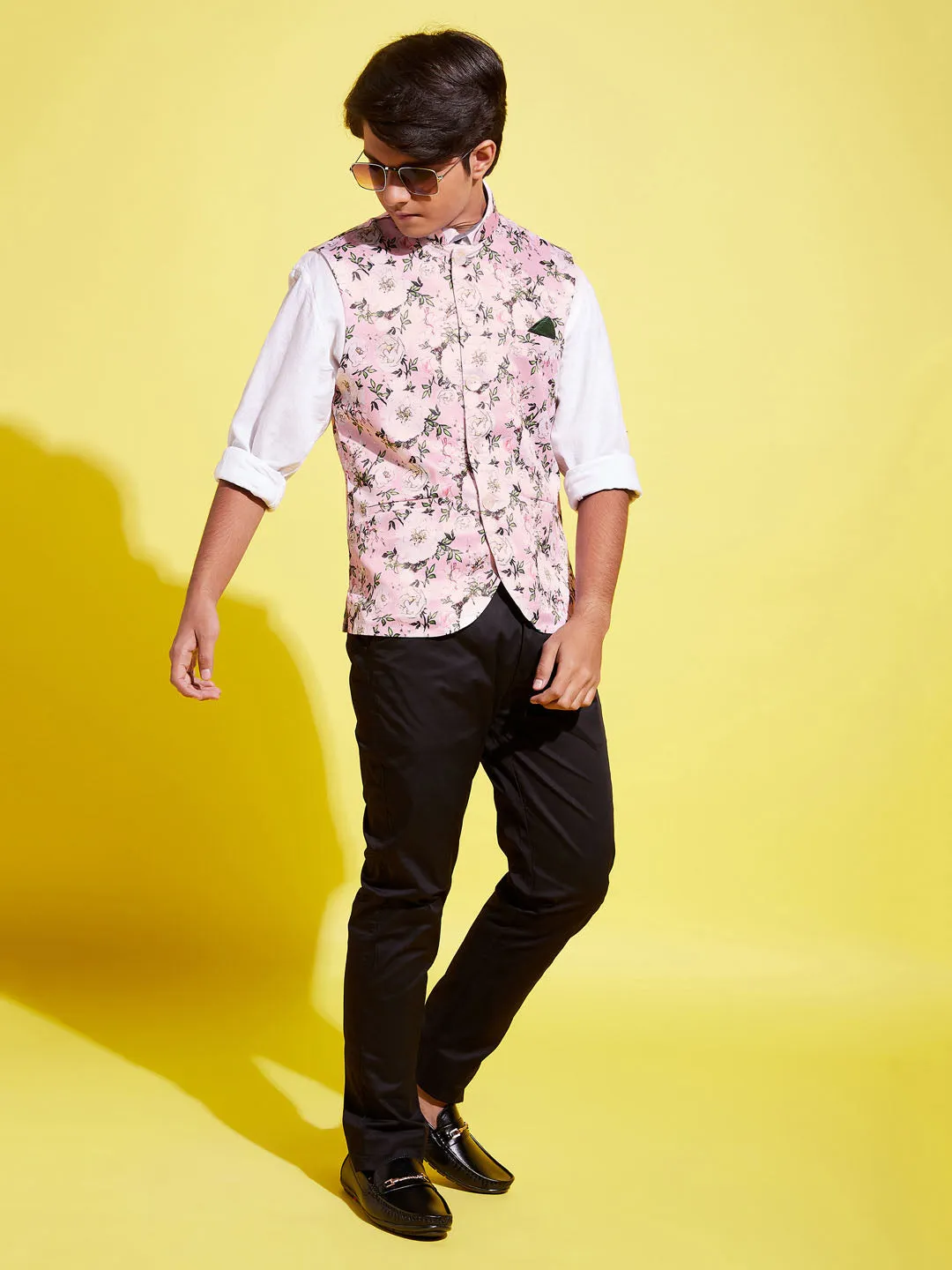 Jashvi Boys Multicolor-Base-Pink Floral Printed Nehru Jacket