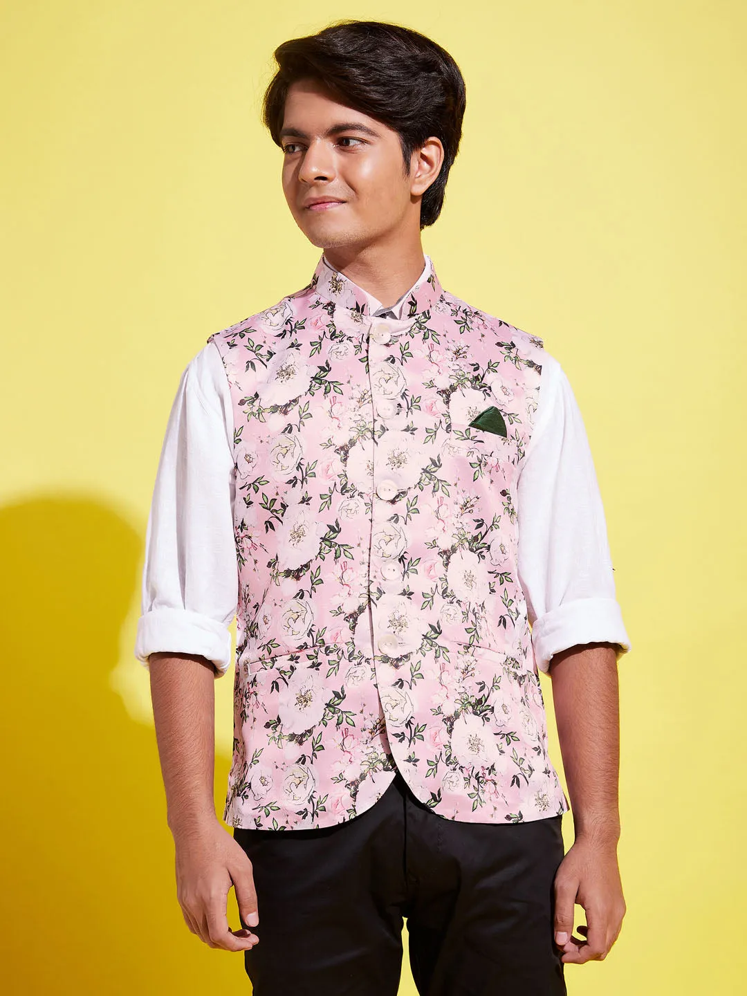 Jashvi Boys Multicolor-Base-Pink Floral Printed Nehru Jacket