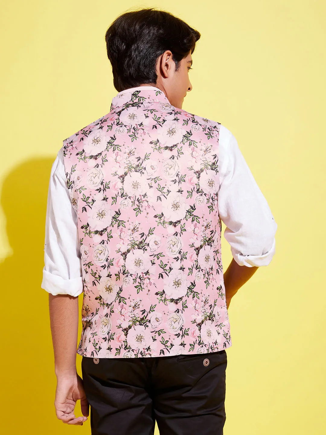 Jashvi Boys Multicolor-Base-Pink Floral Printed Nehru Jacket