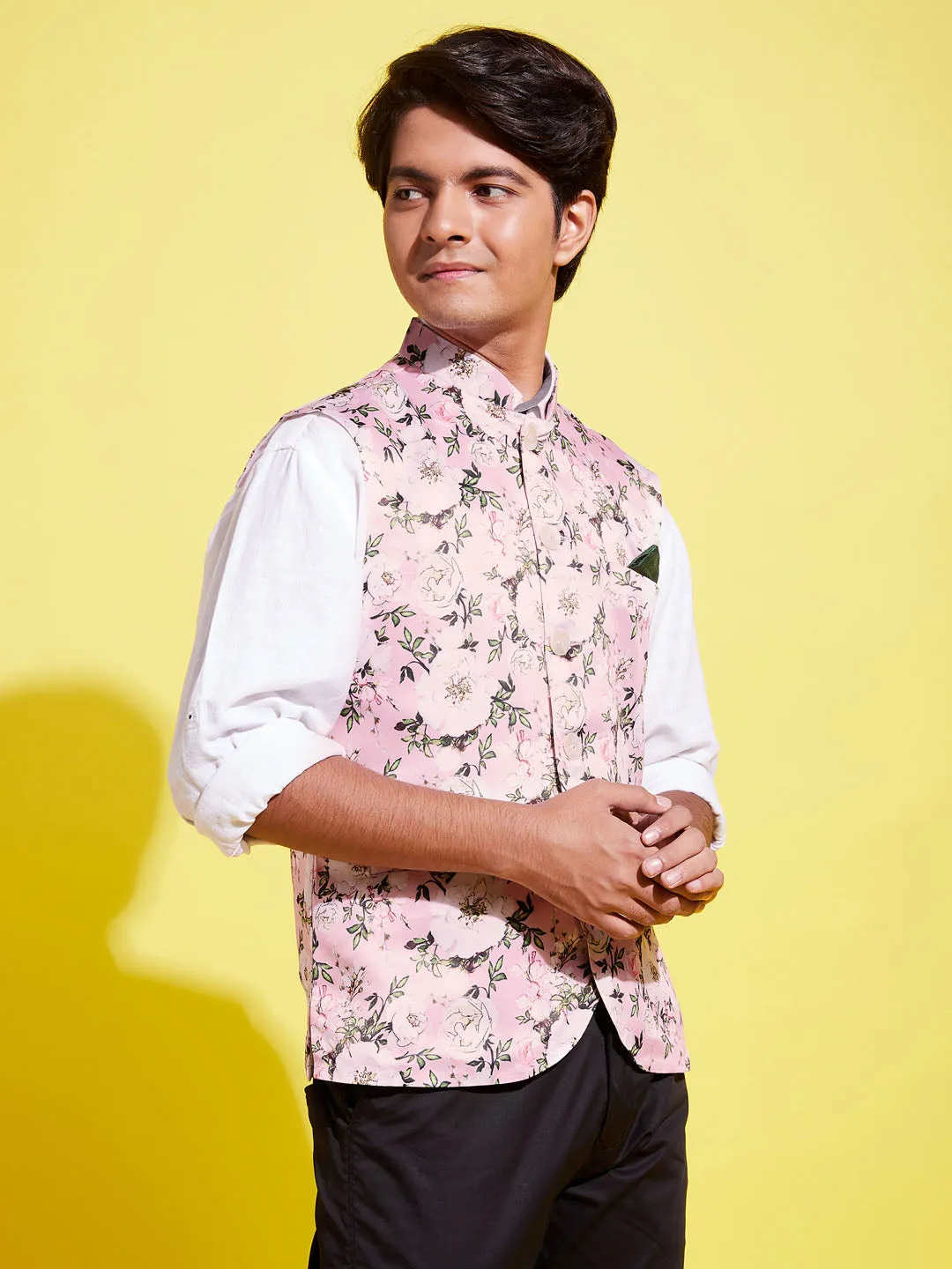 Jashvi Boys Multicolor-Base-Pink Floral Printed Nehru Jacket