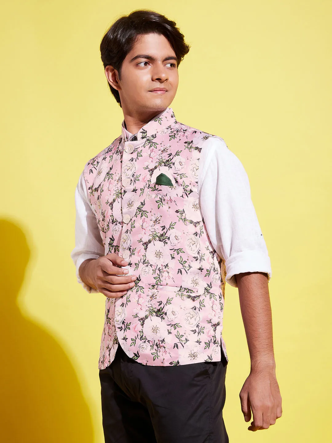Jashvi Boys Multicolor-Base-Pink Floral Printed Nehru Jacket