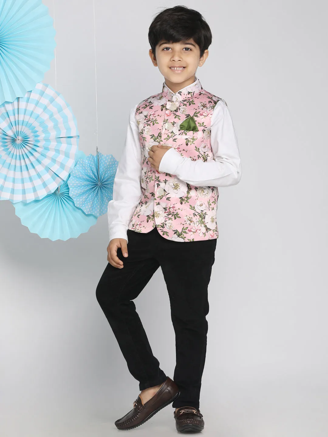 Jashvi Boys Multicolor-Base-Pink Nehru Jacket
