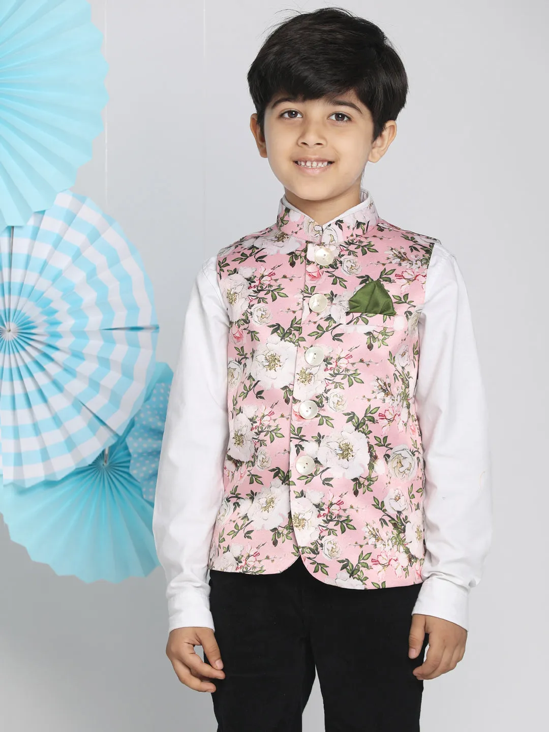 Jashvi Boys Multicolor-Base-Pink Nehru Jacket