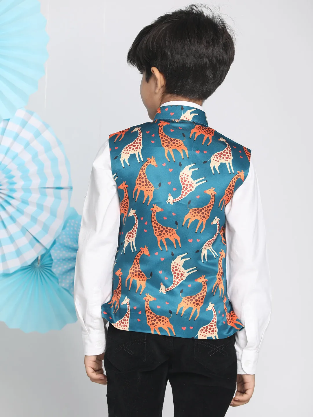 Jashvi Boys Multicolor-Base-Turquoise Nehru Jacket