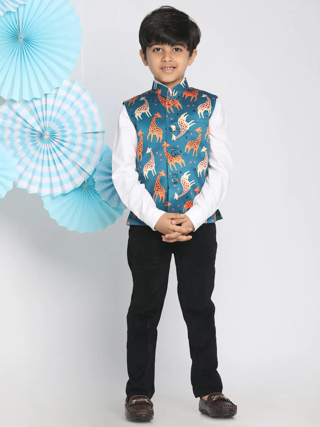 Jashvi Boys Multicolor-Base-Turquoise Nehru Jacket