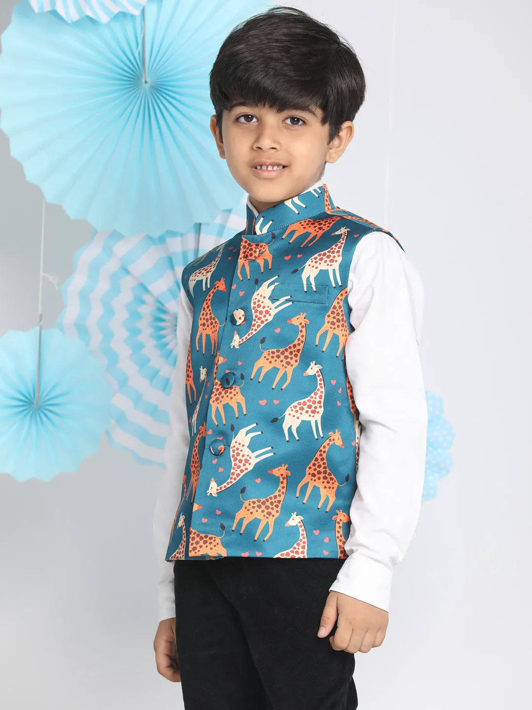 Jashvi Boys Multicolor-Base-Turquoise Nehru Jacket