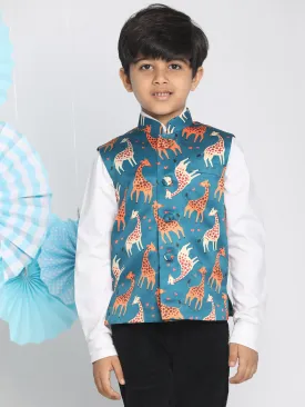 Jashvi Boys Multicolor-Base-Turquoise Nehru Jacket