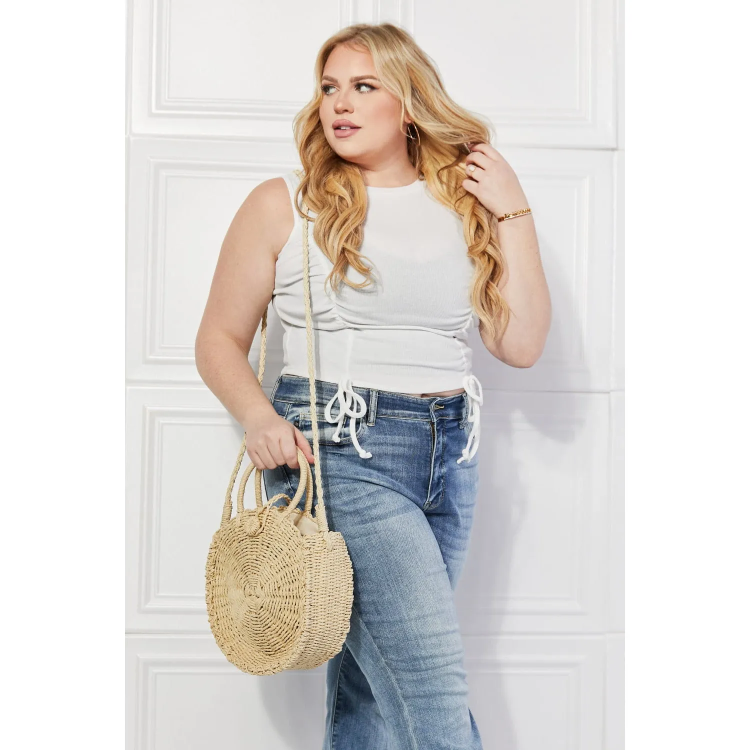 Justin Taylor Feeling Cute Rounded Rattan Handbag in Ivory