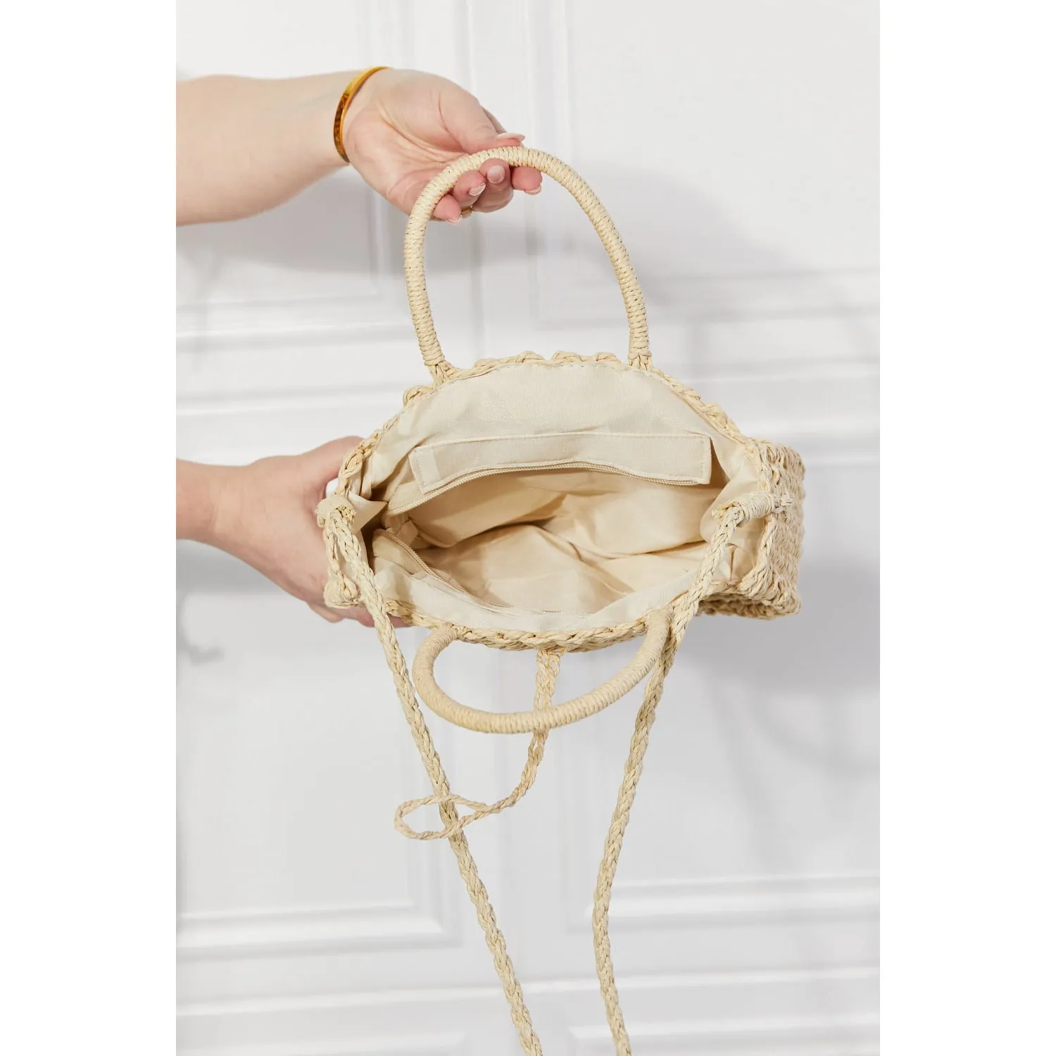 Justin Taylor Feeling Cute Rounded Rattan Handbag in Ivory