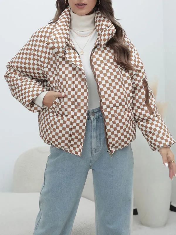 Keep Warm Plaid Quilted Zipper Long Sleeves Loose Stand Collar Padded Coat