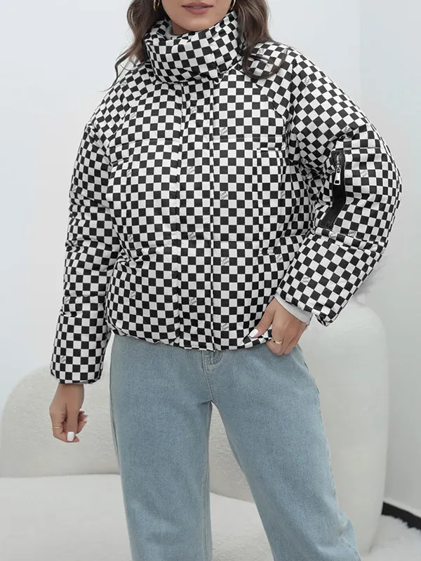 Keep Warm Plaid Quilted Zipper Long Sleeves Loose Stand Collar Padded Coat