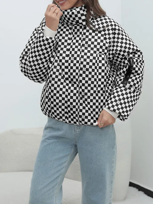Keep Warm Plaid Quilted Zipper Long Sleeves Loose Stand Collar Padded Coat