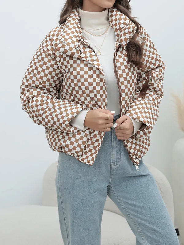 Keep Warm Plaid Quilted Zipper Long Sleeves Loose Stand Collar Padded Coat