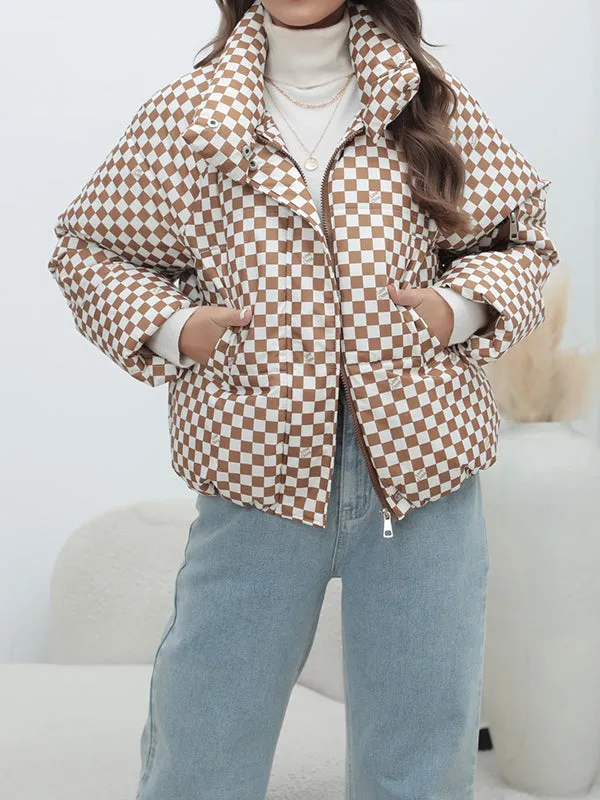 Keep Warm Plaid Quilted Zipper Long Sleeves Loose Stand Collar Padded Coat