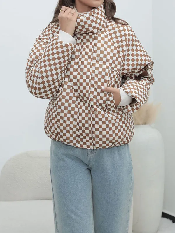 Keep Warm Plaid Quilted Zipper Long Sleeves Loose Stand Collar Padded Coat