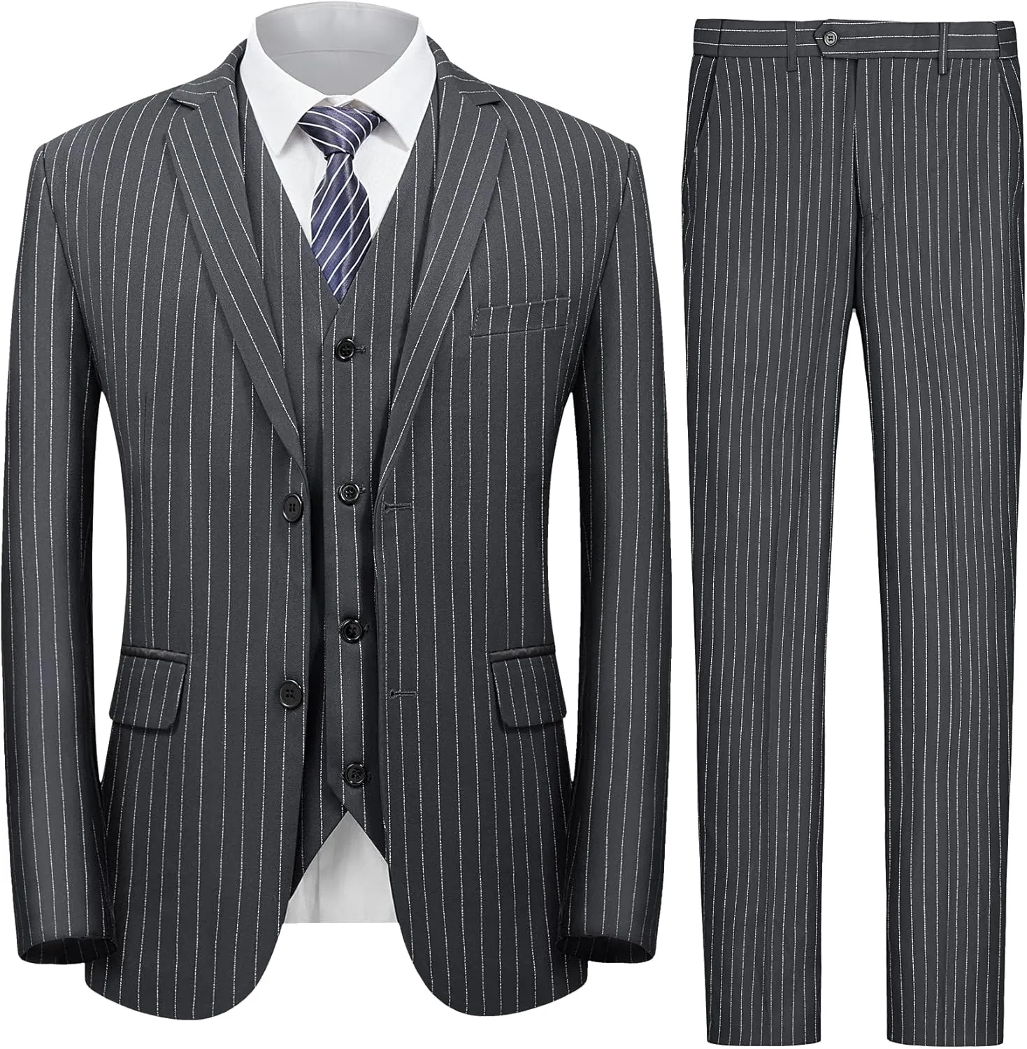 MAGE MALE Mens Pinstripe 3 Piece Suit Slim Fit Elegant Single Breasted Business Wedding Party Blazer Vest& Pants Set