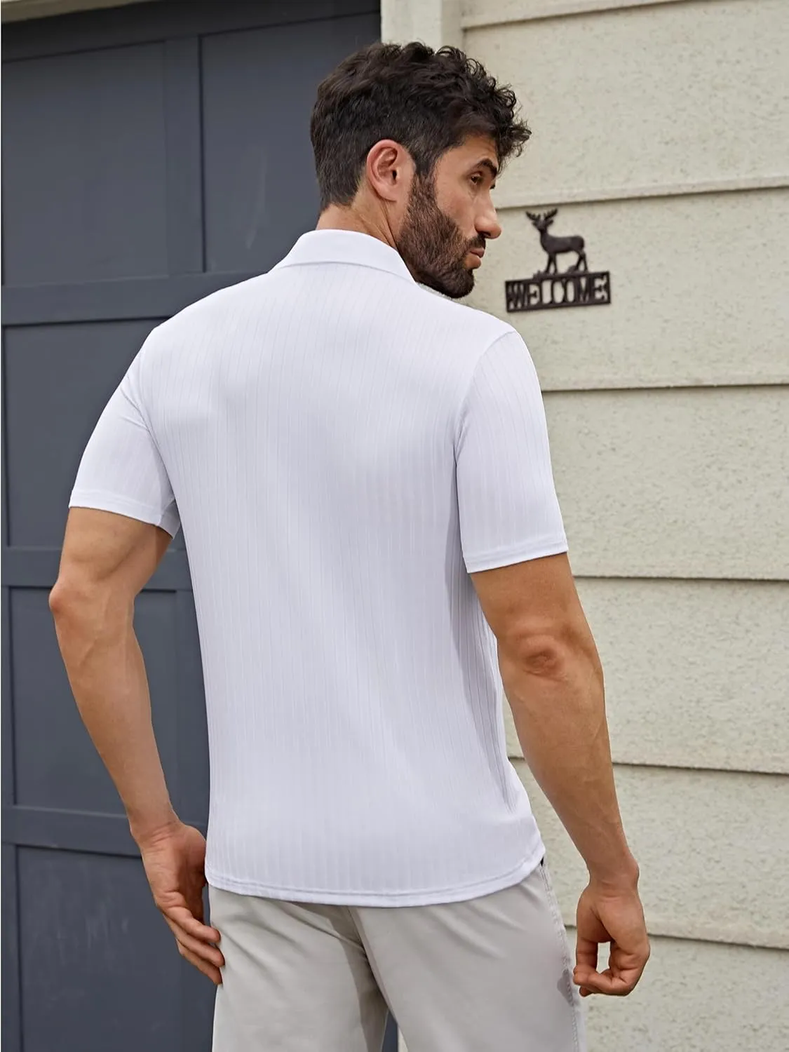 Men's Knit Polo Shirts Short Sleeve Texture Polo Shirt Fashion Casual Ribbed Golf Shirts