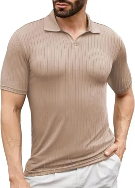 Men's Knit Polo Shirts Short Sleeve Texture Polo Shirt Fashion Casual Ribbed Golf Shirts