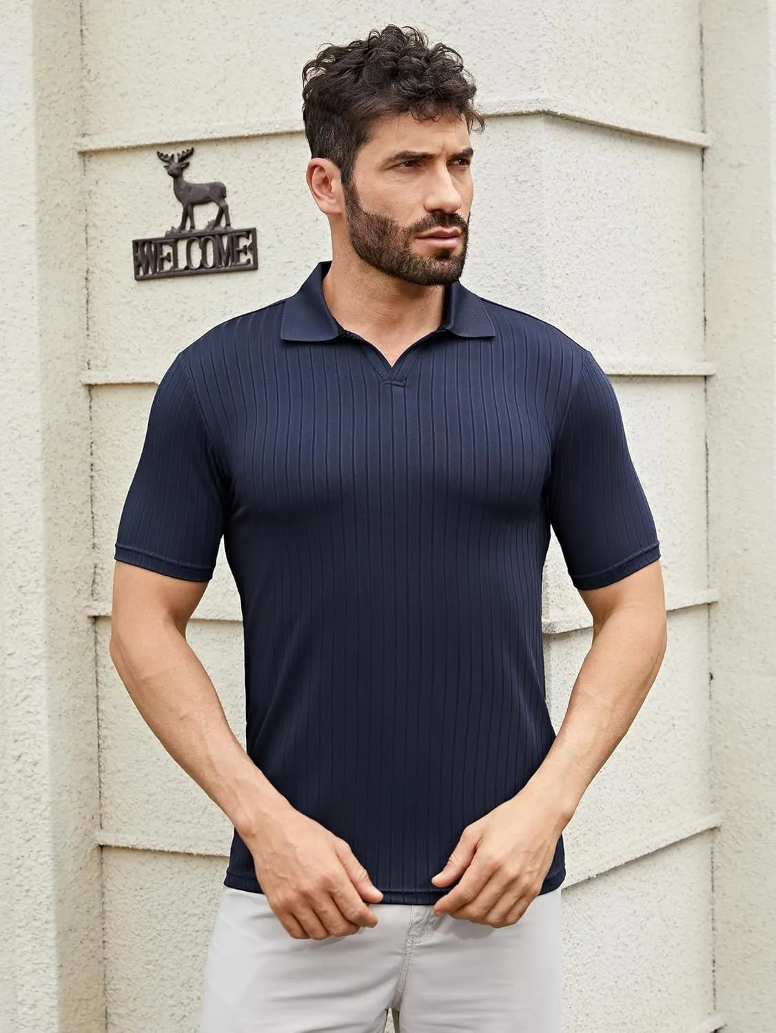 Men's Knit Polo Shirts Short Sleeve Texture Polo Shirt Fashion Casual Ribbed Golf Shirts