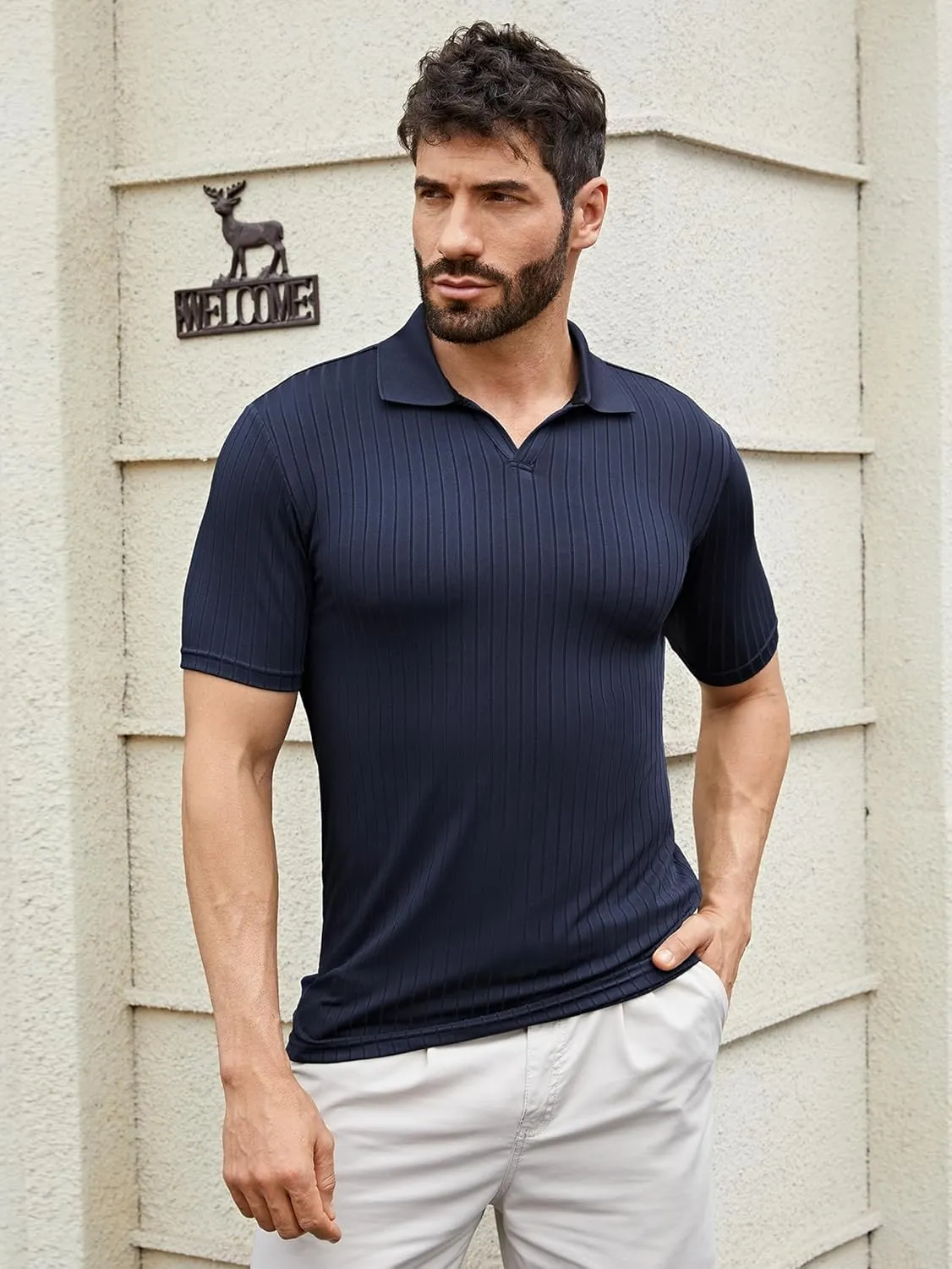 Men's Knit Polo Shirts Short Sleeve Texture Polo Shirt Fashion Casual Ribbed Golf Shirts