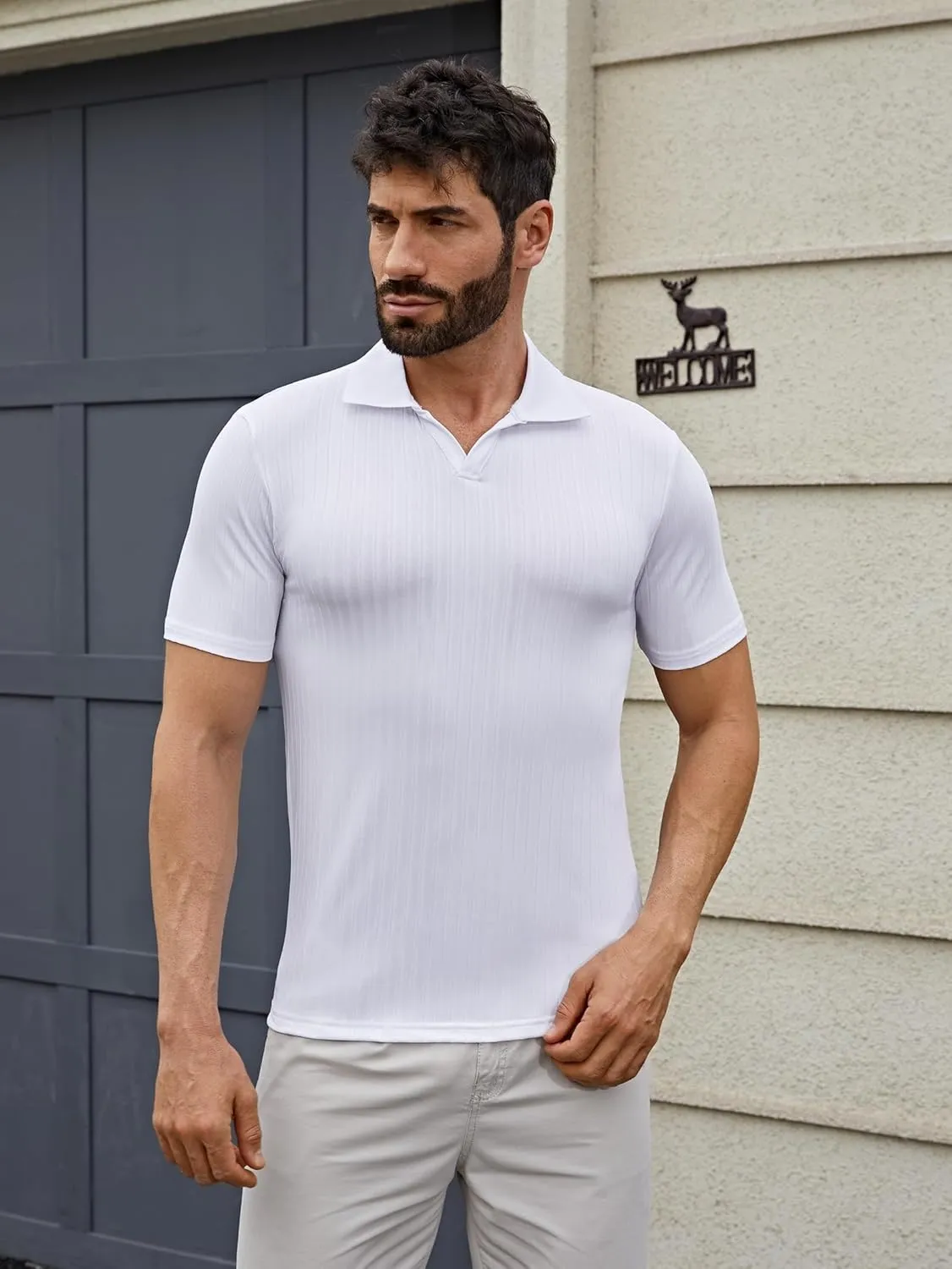 Men's Knit Polo Shirts Short Sleeve Texture Polo Shirt Fashion Casual Ribbed Golf Shirts