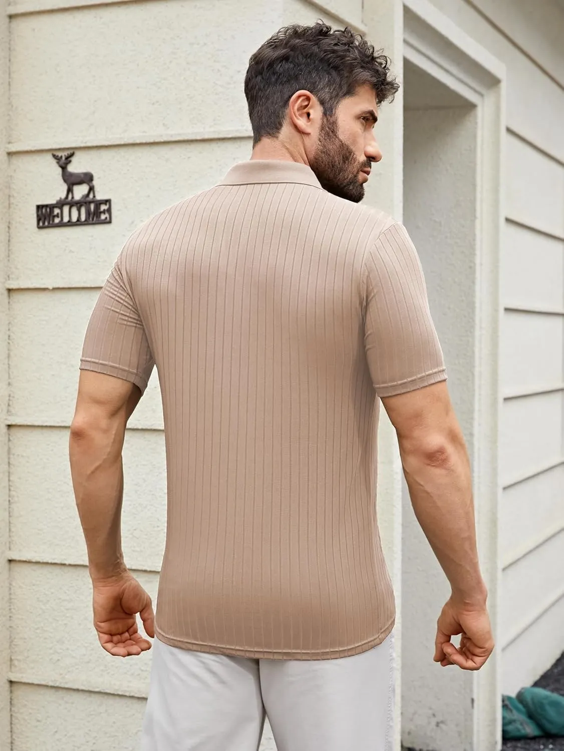 Men's Knit Polo Shirts Short Sleeve Texture Polo Shirt Fashion Casual Ribbed Golf Shirts