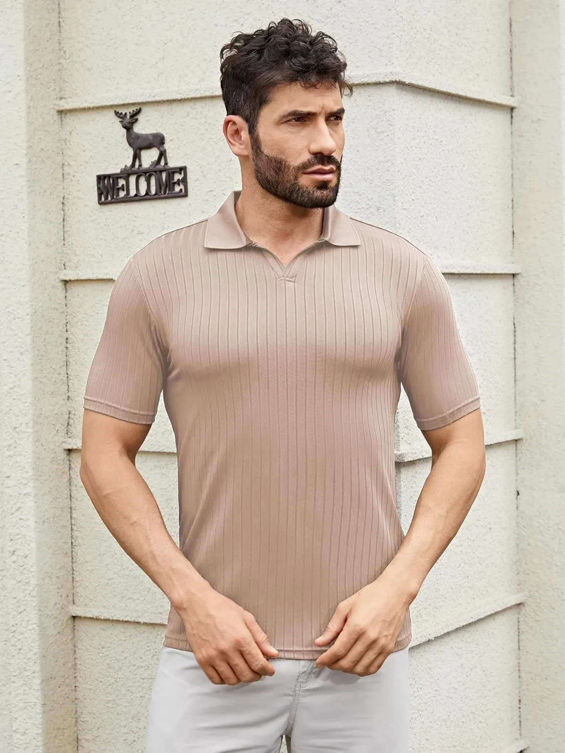 Men's Knit Polo Shirts Short Sleeve Texture Polo Shirt Fashion Casual Ribbed Golf Shirts