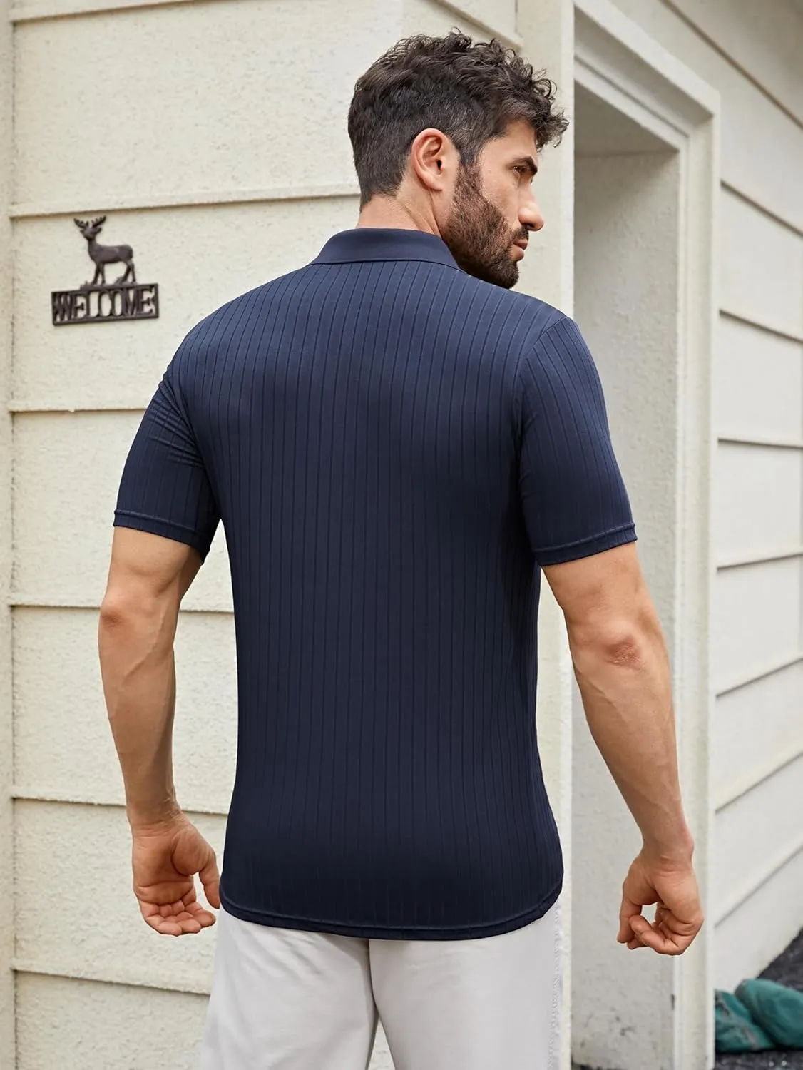 Men's Knit Polo Shirts Short Sleeve Texture Polo Shirt Fashion Casual Ribbed Golf Shirts