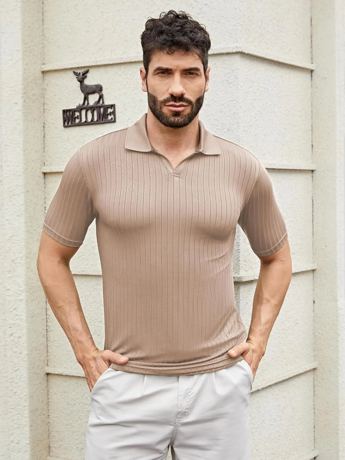 Men's Knit Polo Shirts Short Sleeve Texture Polo Shirt Fashion Casual Ribbed Golf Shirts