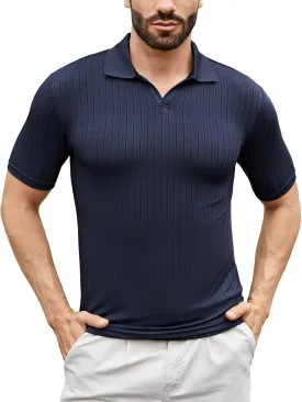 Men's Knit Polo Shirts Short Sleeve Texture Polo Shirt Fashion Casual Ribbed Golf Shirts