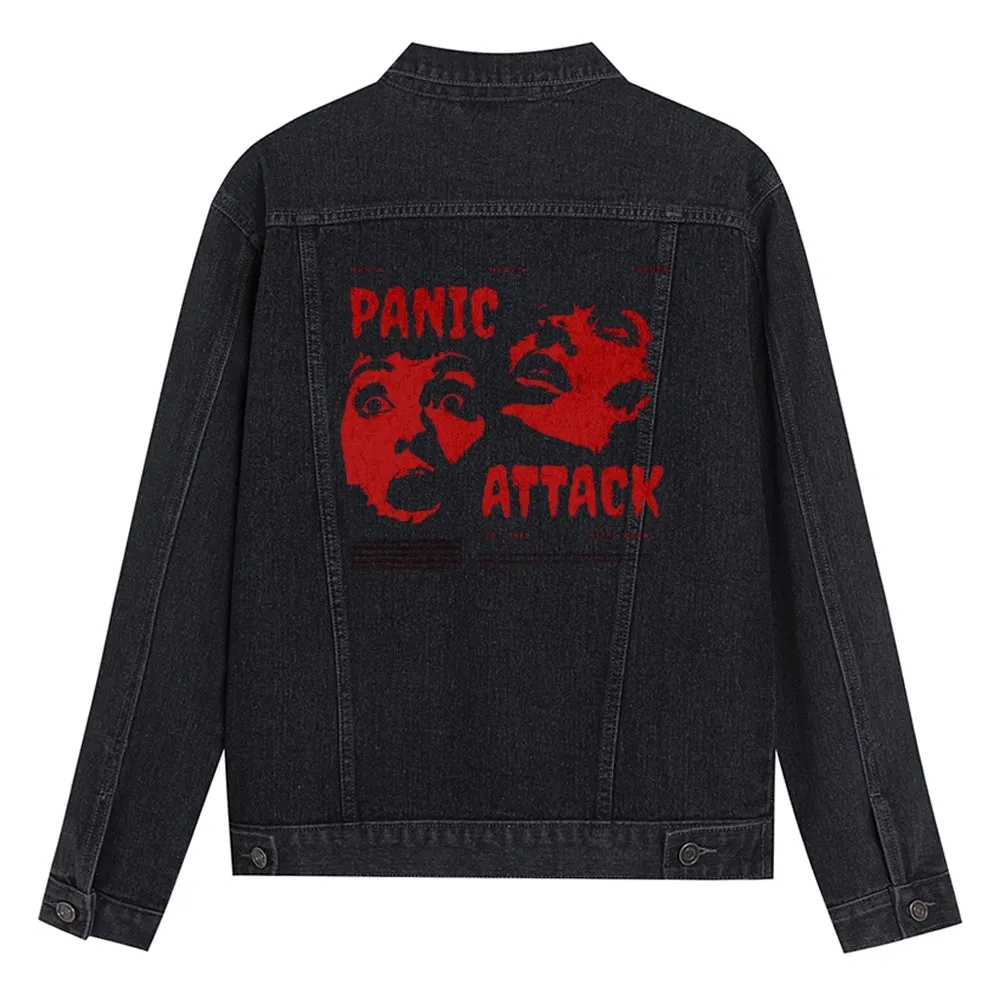 Mens Panic Attack Portrait Graphic Button Up Denim Jacket